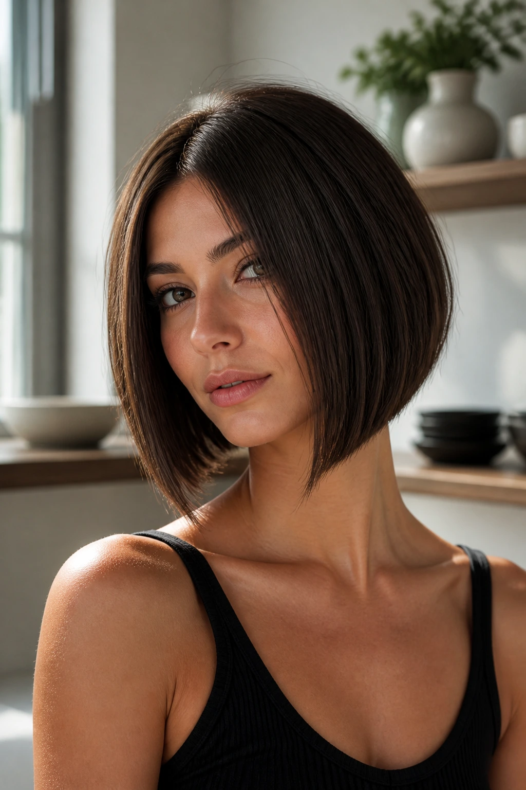 Close-up portrait of a real woman with an A-line graduated bob and centered part