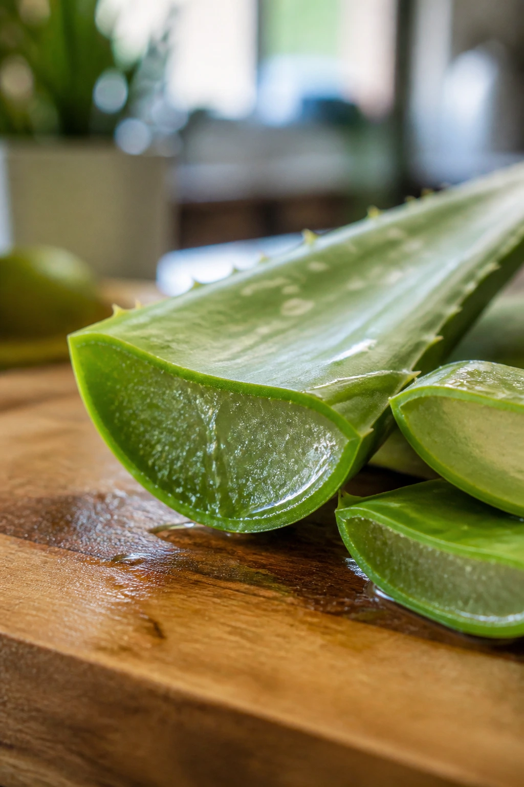Close-up of aloe vera leaf cut open with gel visible on a wooden counter