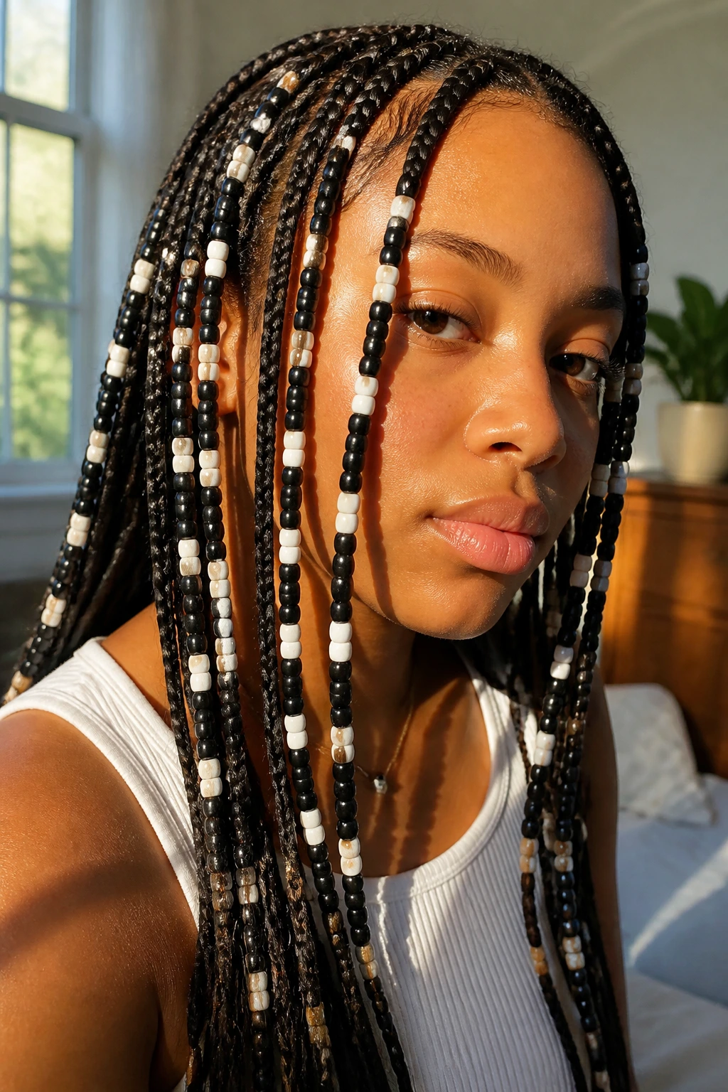 Close-up of alternating color beads on braids