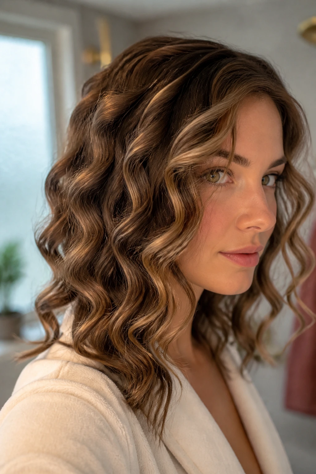 Close-up portrait of a real woman with alternating ribbon wave curls