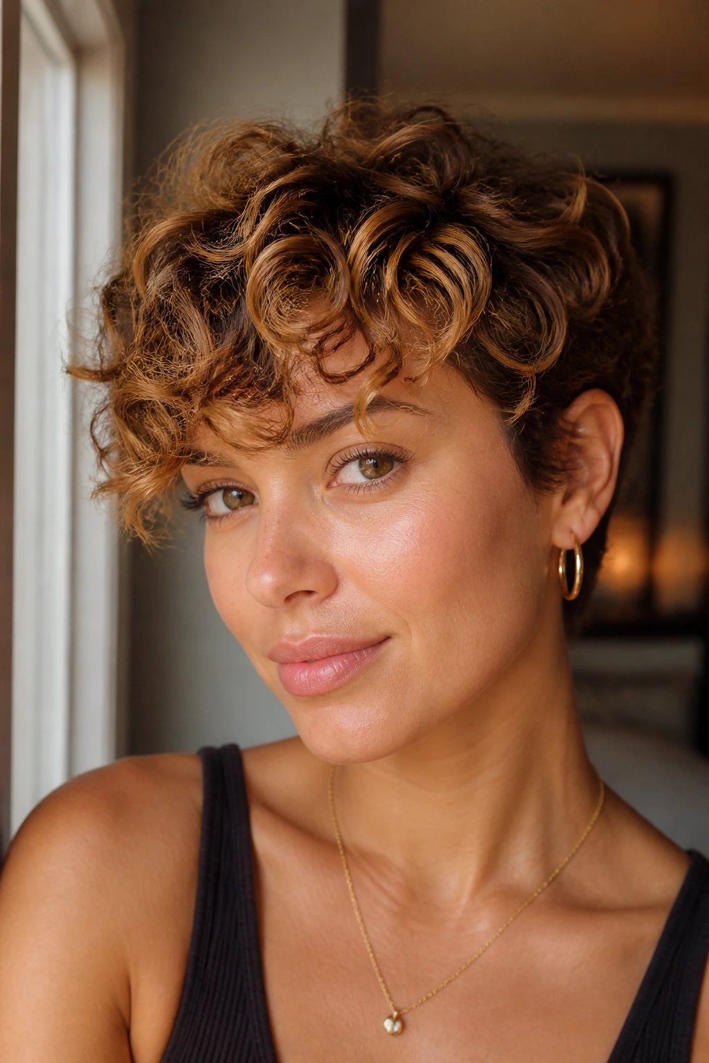 Close-up portrait of a real woman with warm amber babylights on tousled pixie curls by a window.