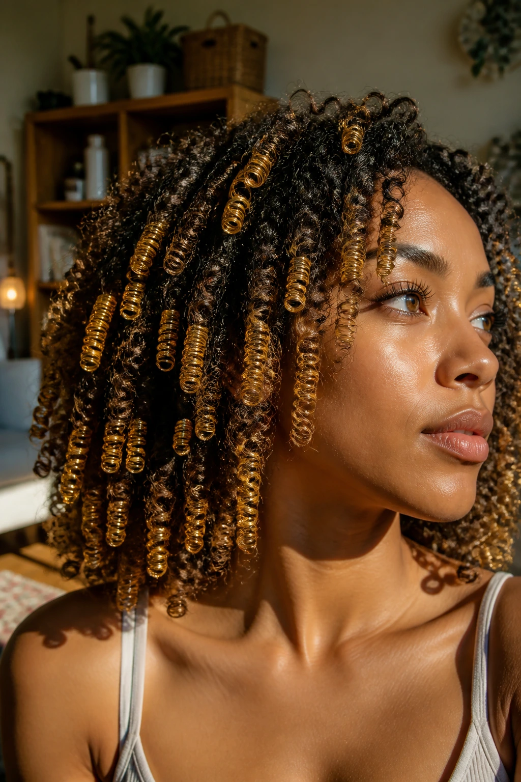 Close-up of amber spiral coils in real woman's curls with warm lighting