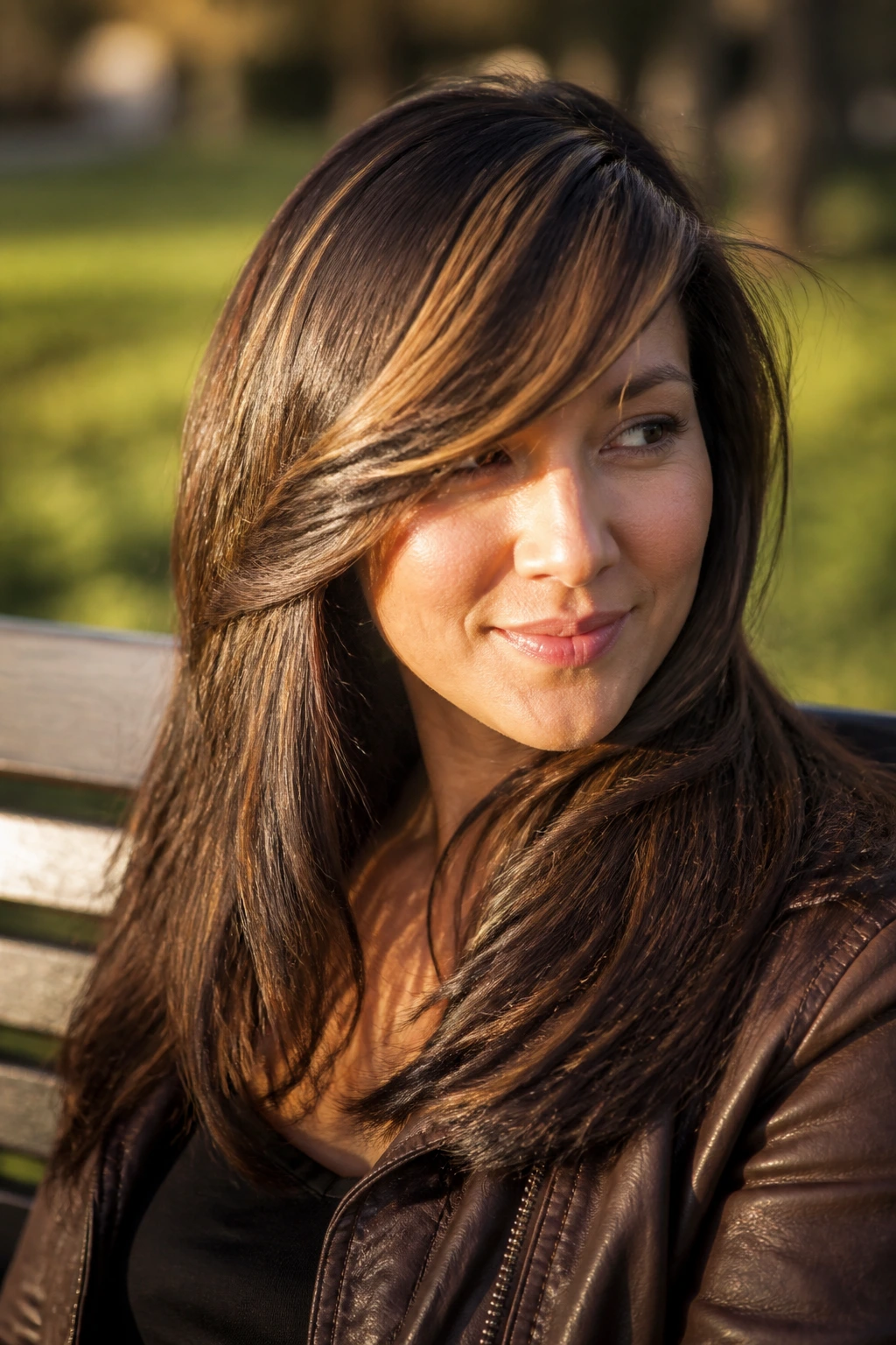 Close-up of amber-streaked side-swept bangs on deep espresso layers