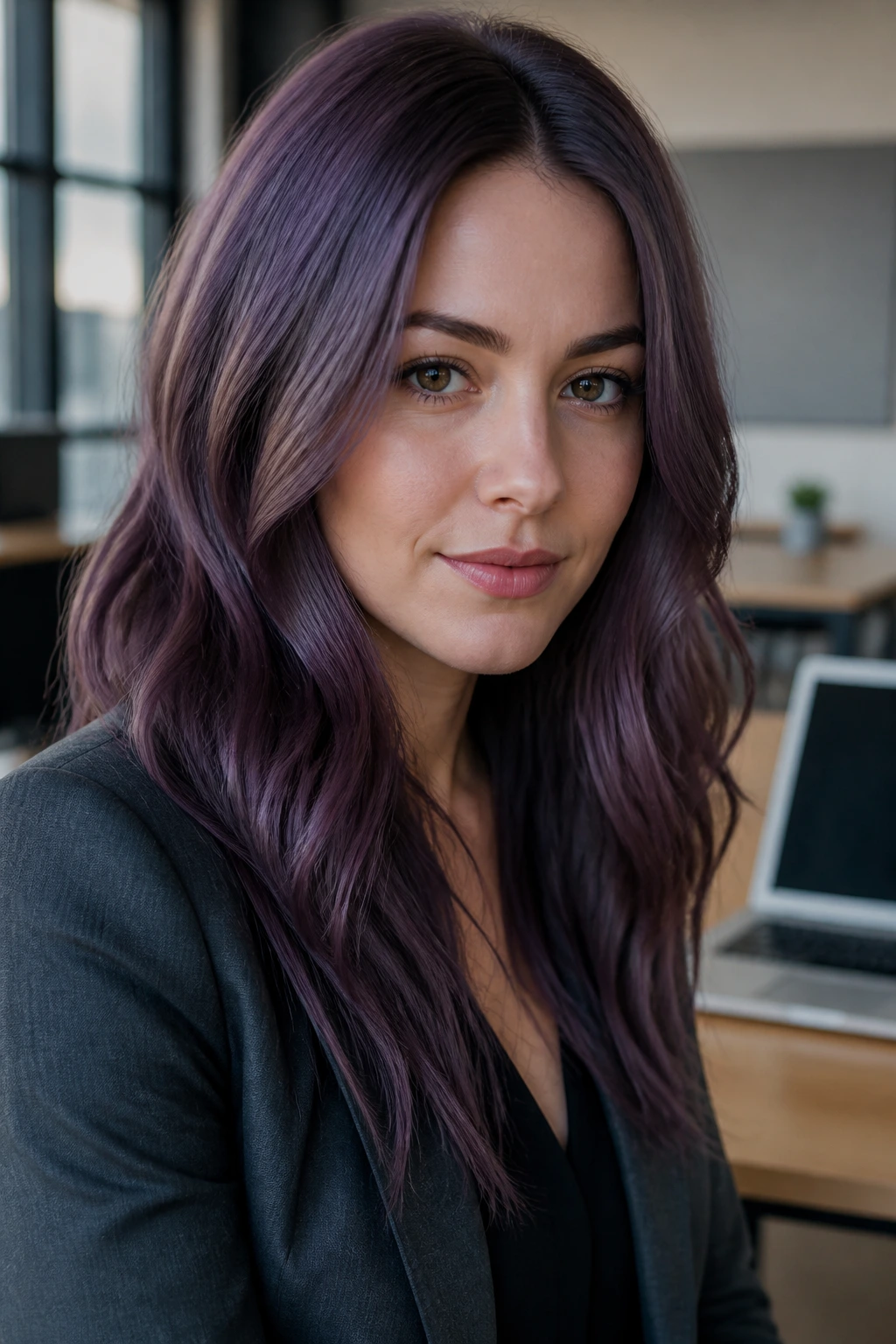 Close-up of muted amethyst glaze on a real woman's hair in an office