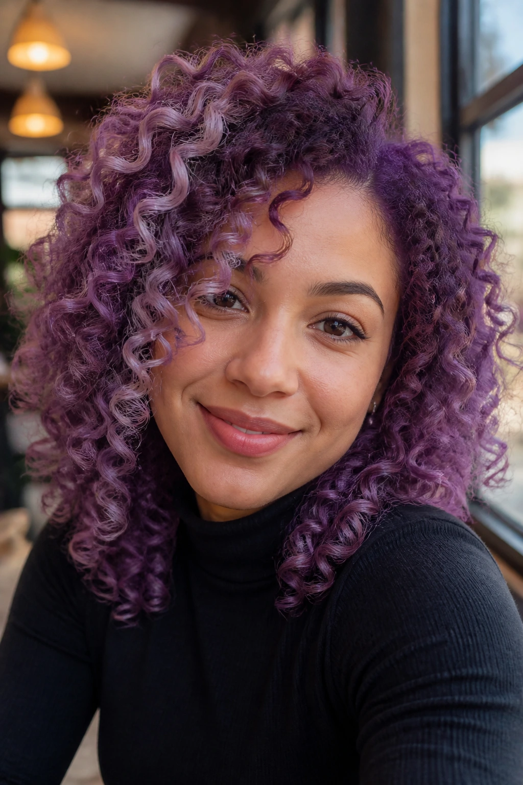 Close-up portrait with amethyst and lavender purple streaks in curls