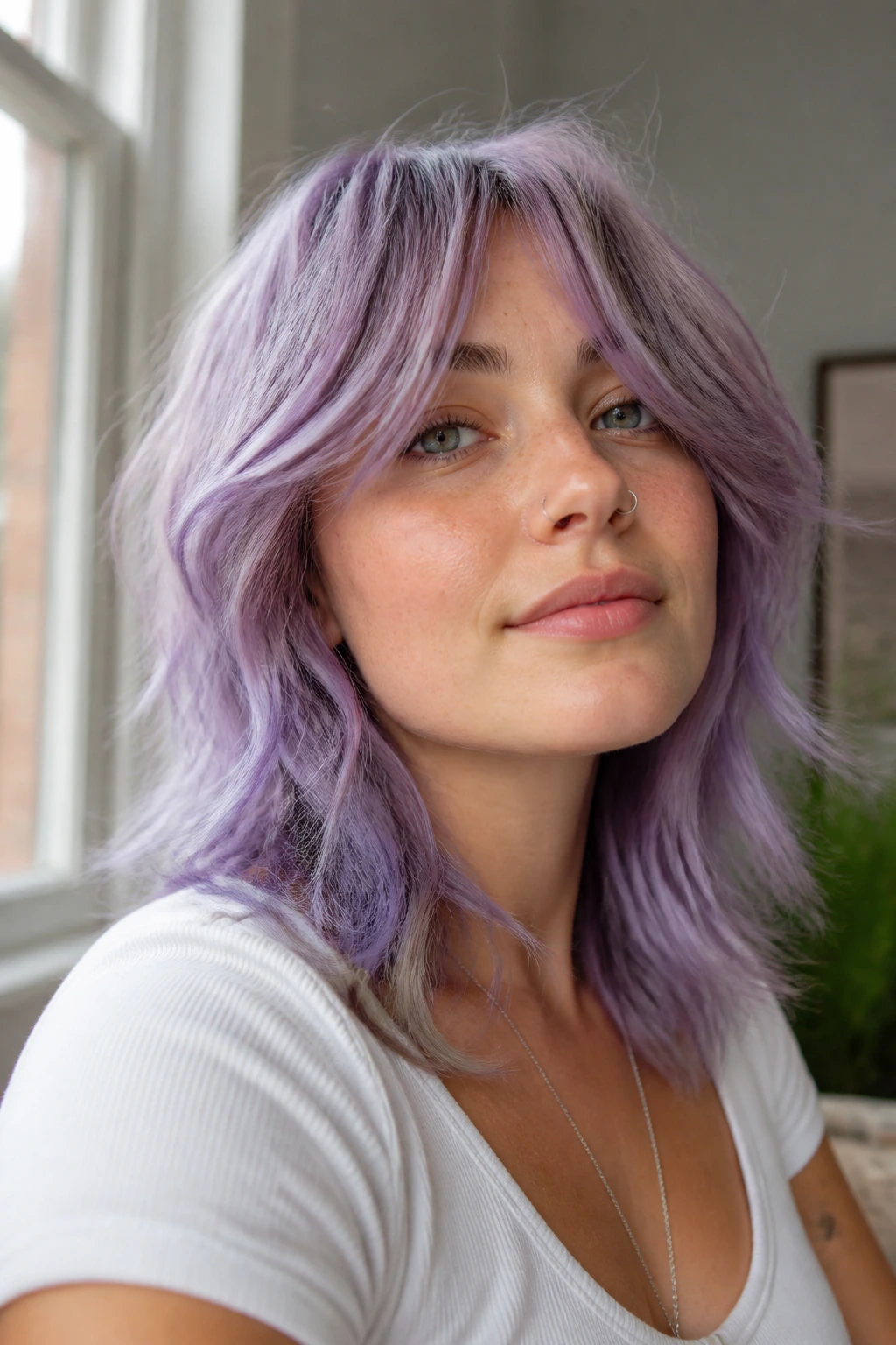 Portrait of a real person with amethyst shag and curtain bangs in natural daylight