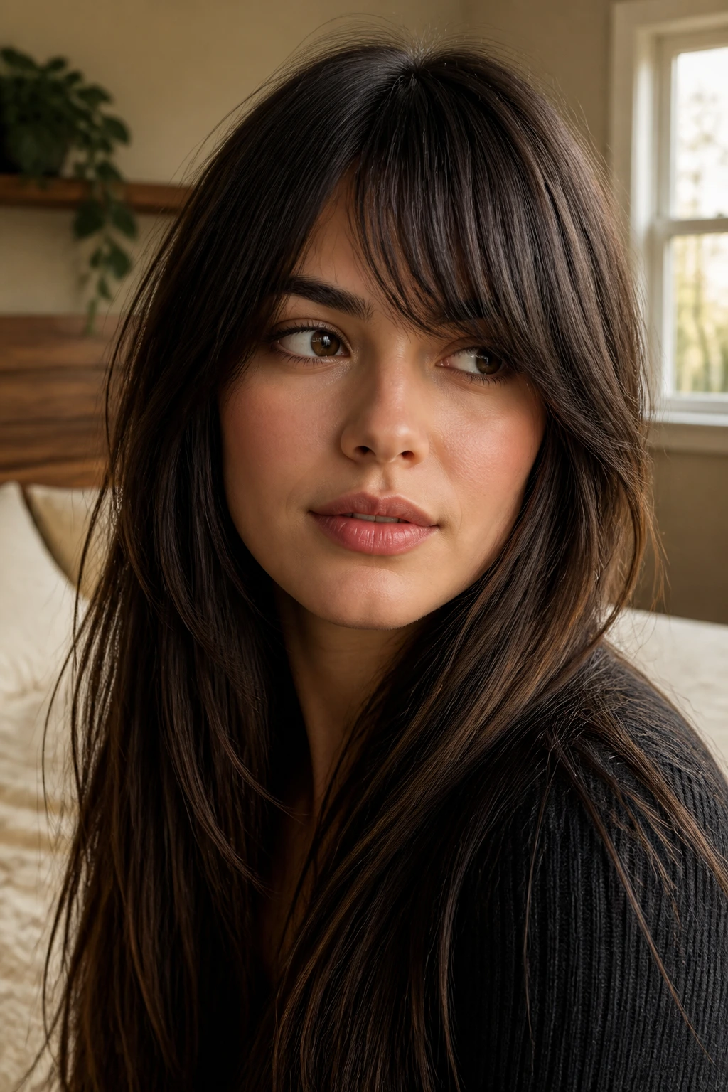 Close-up portrait of a real woman showing angled bangs on a round face with long textured hair.