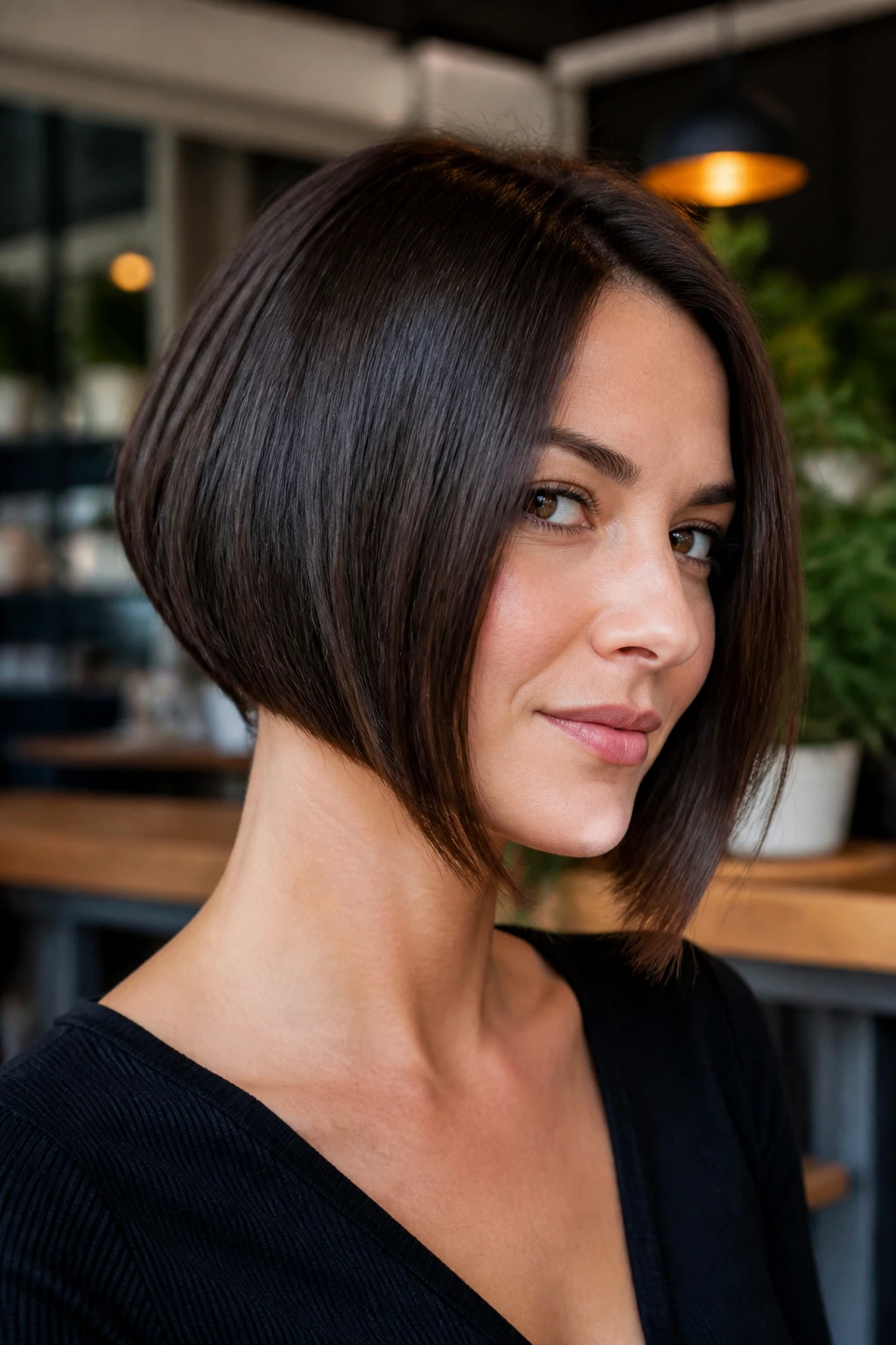 Medium close-up of a woman with angled A-line bob
