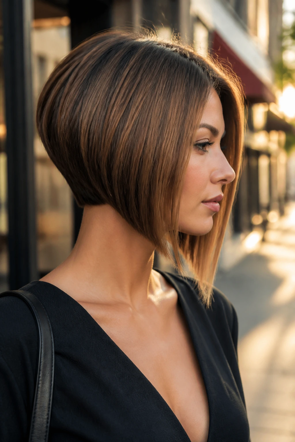 Side-profile of a woman with an angled A-line bob under golden hour light