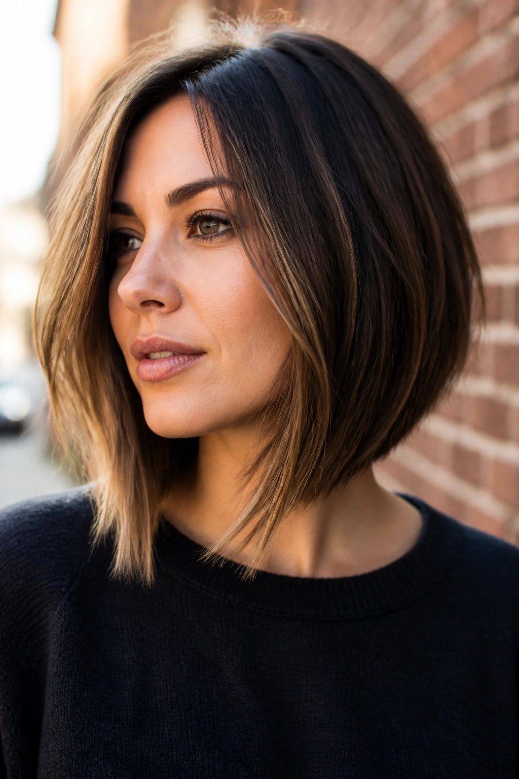 Portrait of a real person with angled A-line bob and softened edges over the jaw
