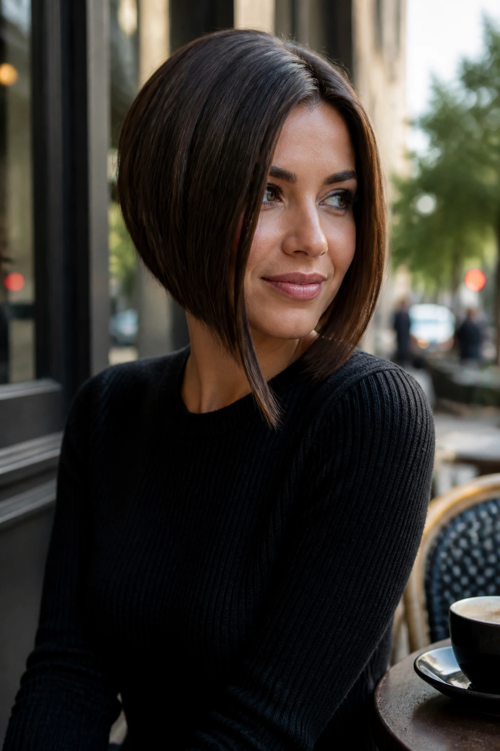 Close-up portrait of a real woman with an angled A-line bob.