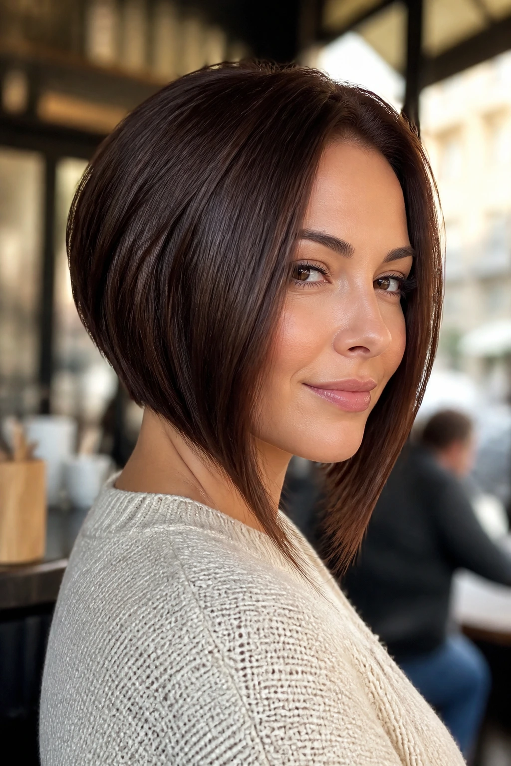 Three-quarter portrait of a woman with an angled A-line brunette bob showing a short back and longer front.