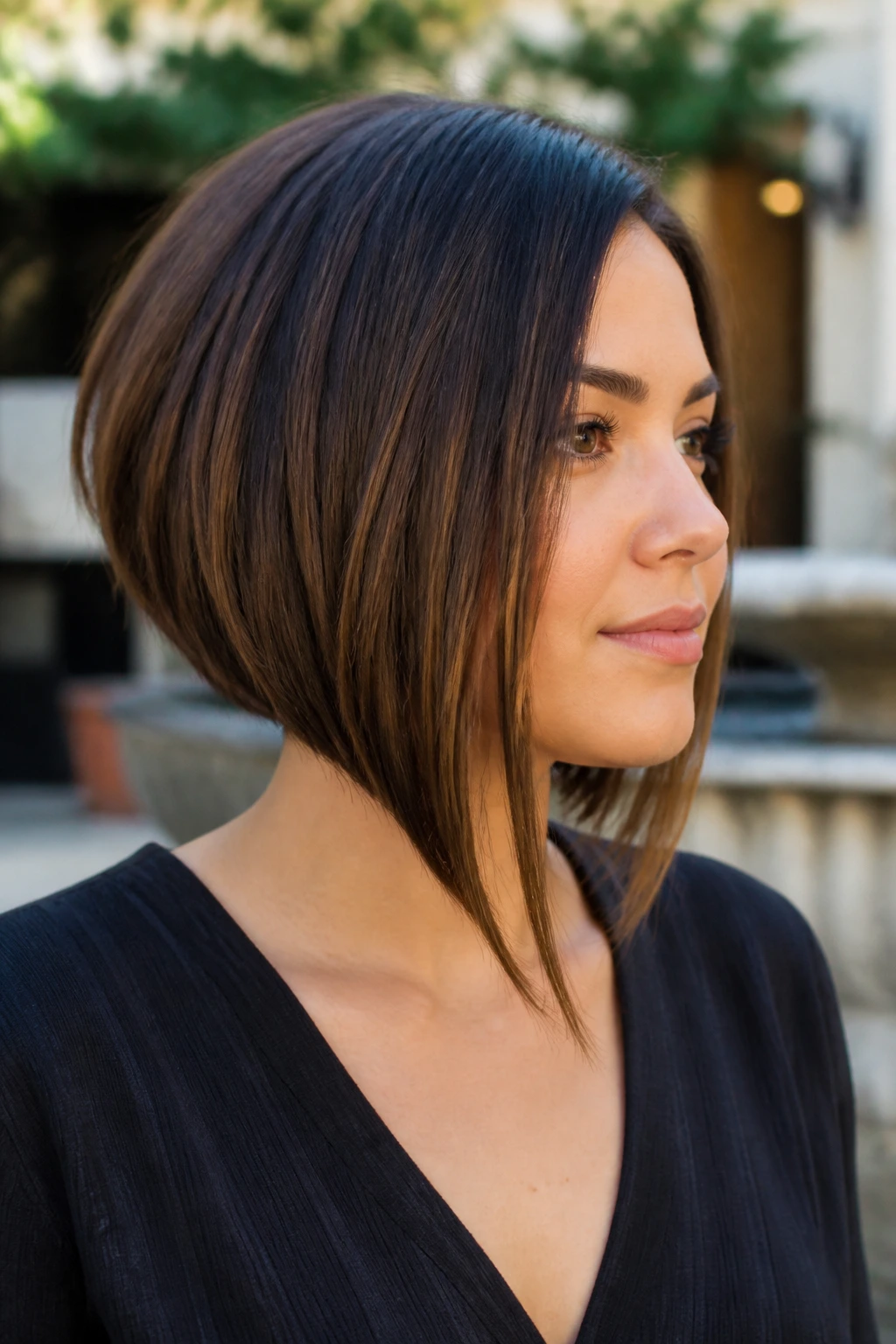 Close-up portrait of a real person with angled A-line lob