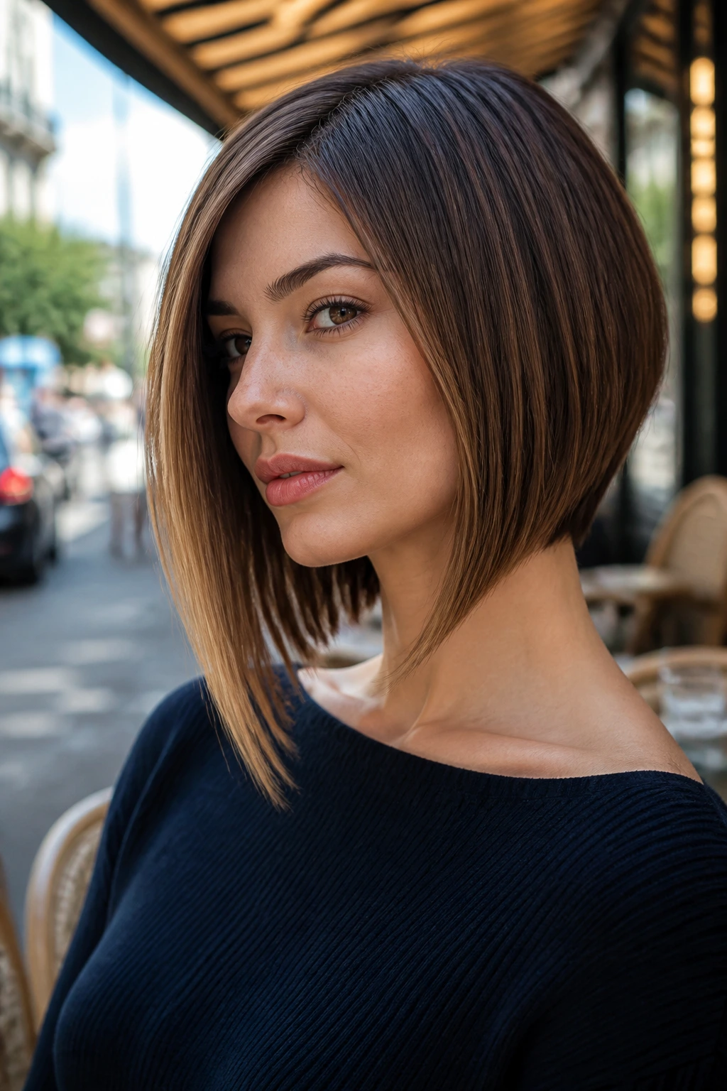 Close-up of a woman with an angled A-line lob in an urban cafe setting