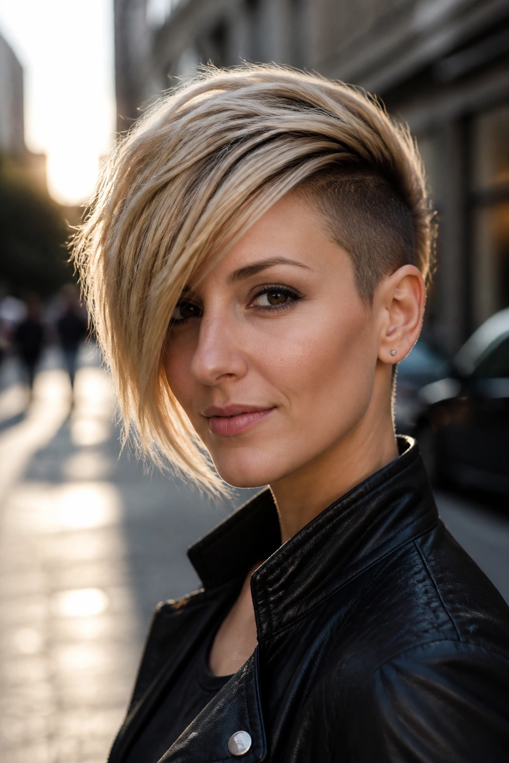 Close-up of a real person with an angled asymmetric pixie hairstyle.