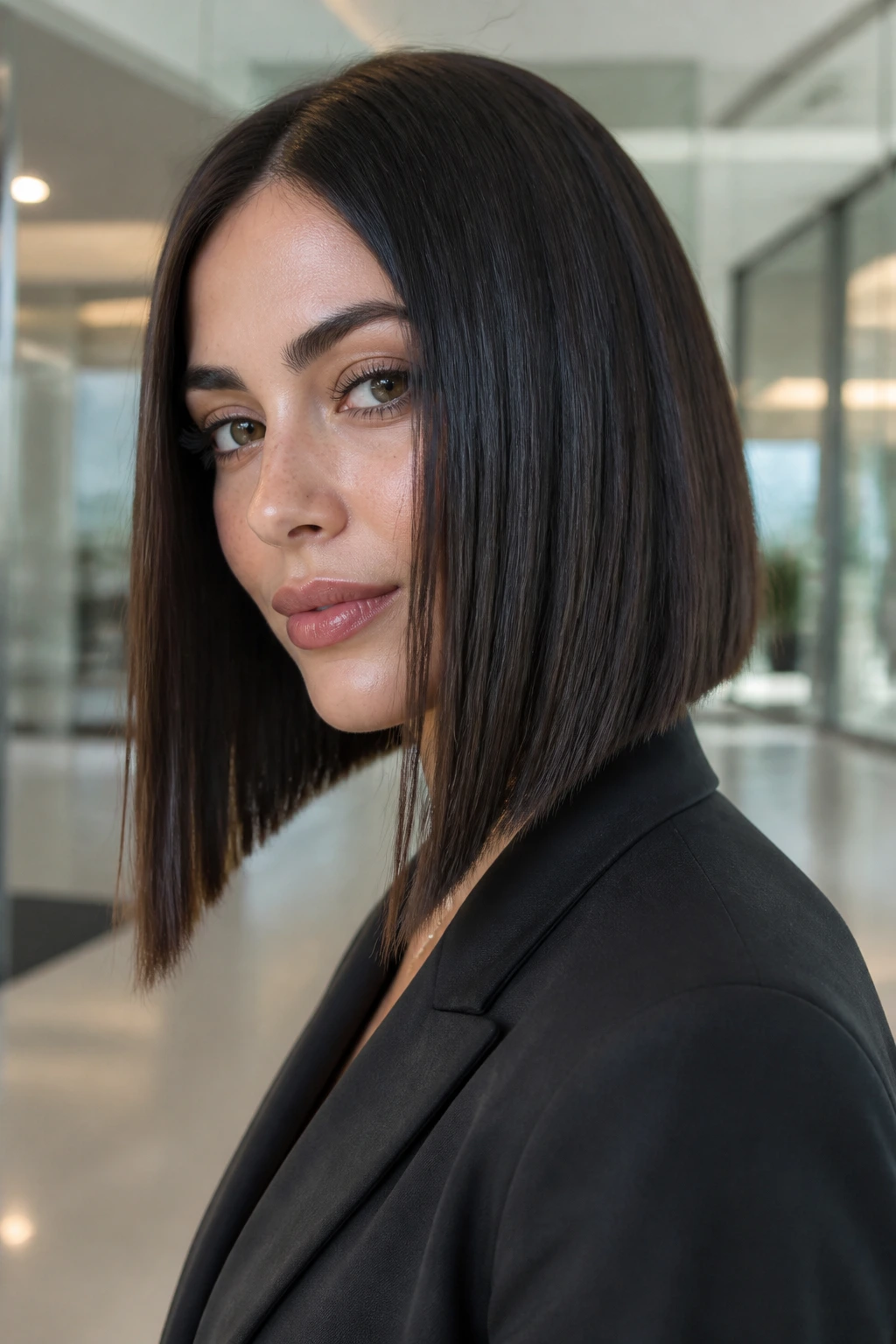 Close-up of a real woman with an angled blunt lob in a stylish office lobby