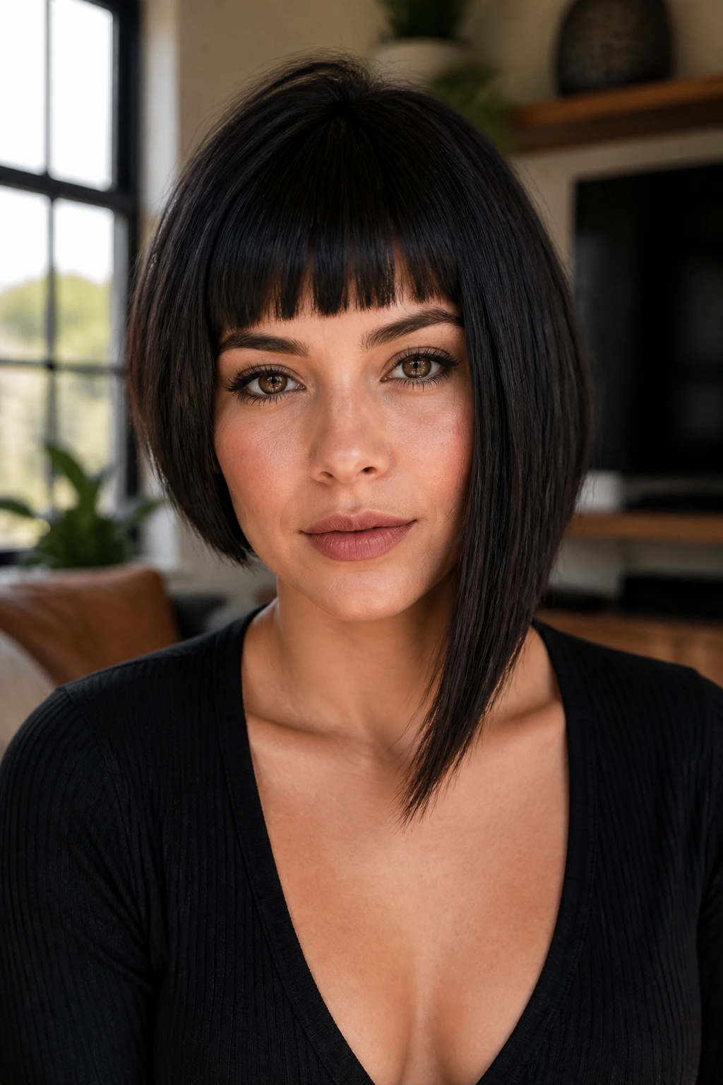 Portrait of a woman with angled bob and blunt bangs
