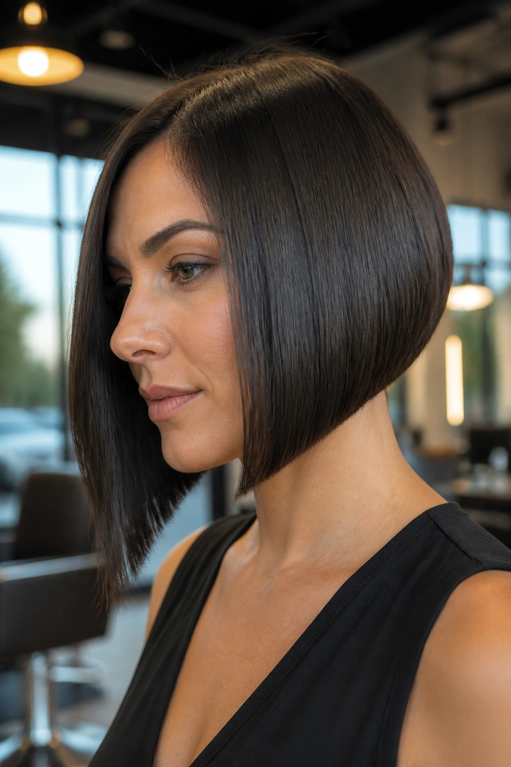 Close-up portrait of a real woman with The Deeply Angled Bob with Blunt Ends