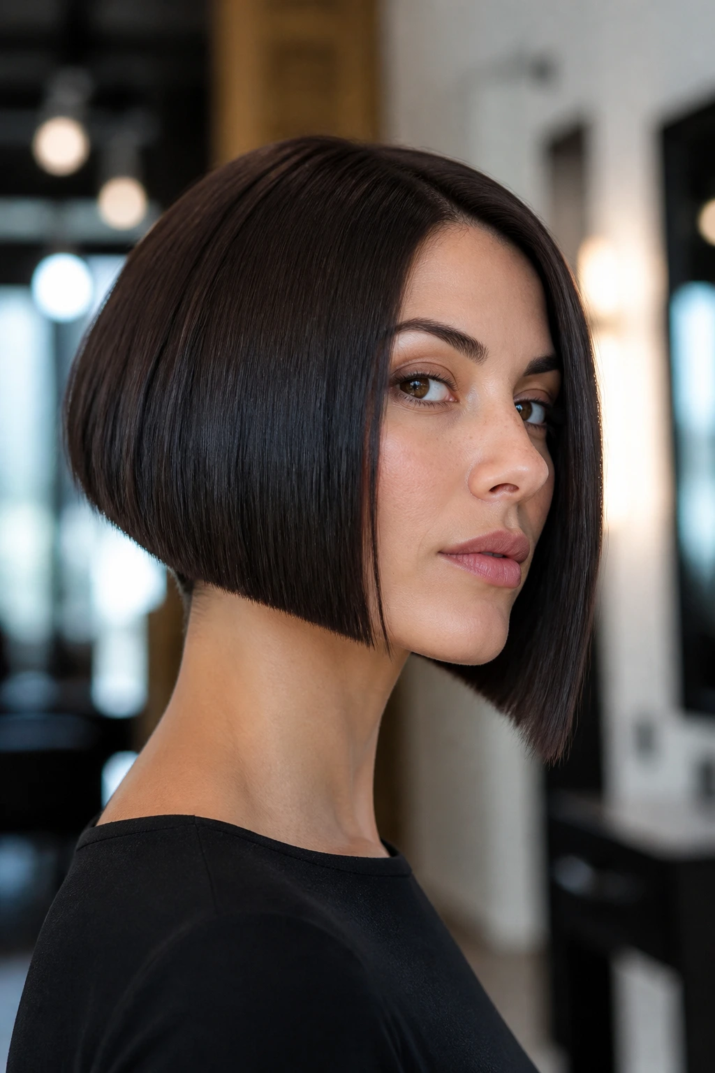 Close-up of a real woman with an angled bob and blunt ends.