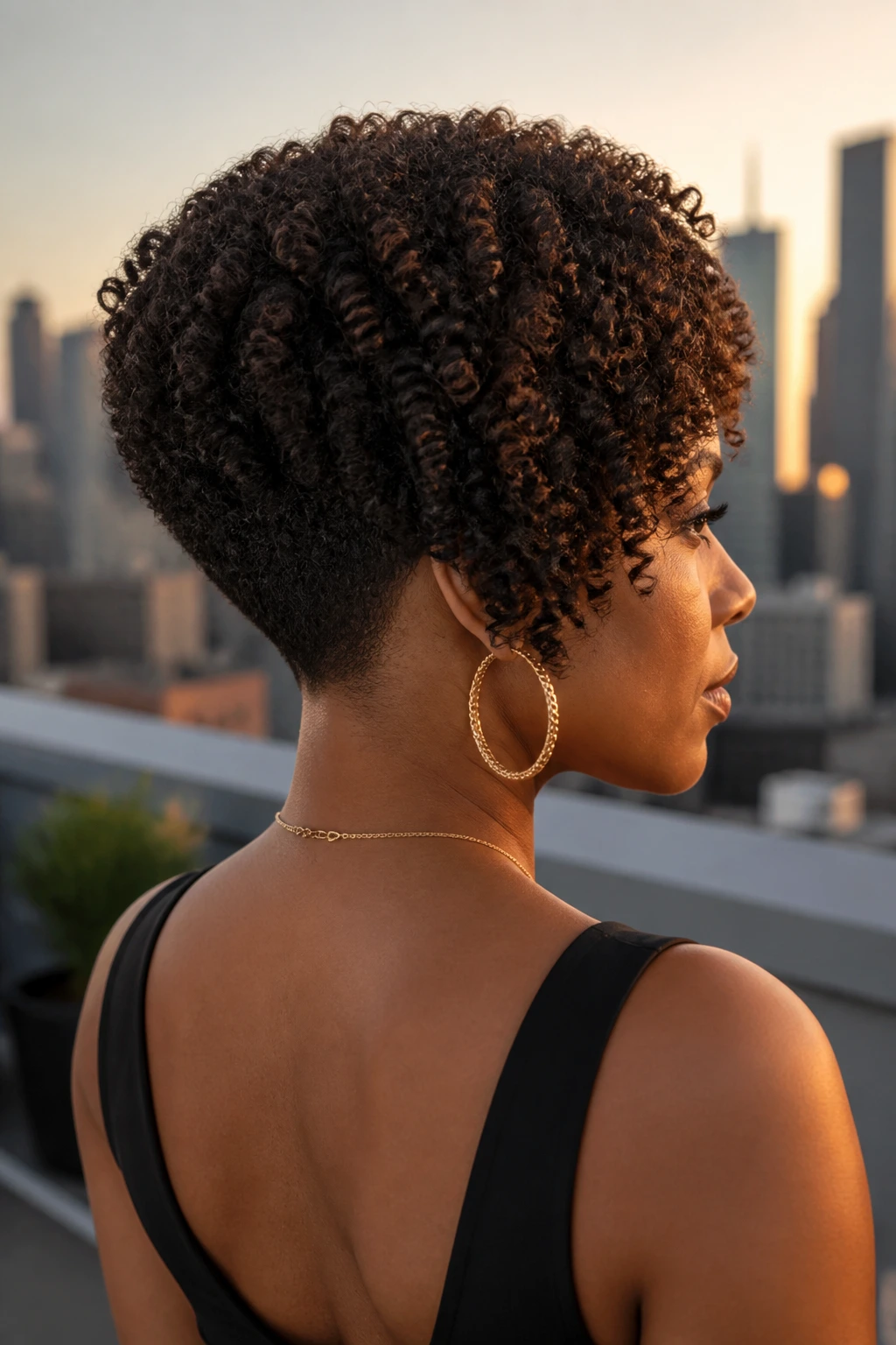 Side portrait of a real woman with a dramatic angled bob for coils showing a bold V-shaped back silhouette.