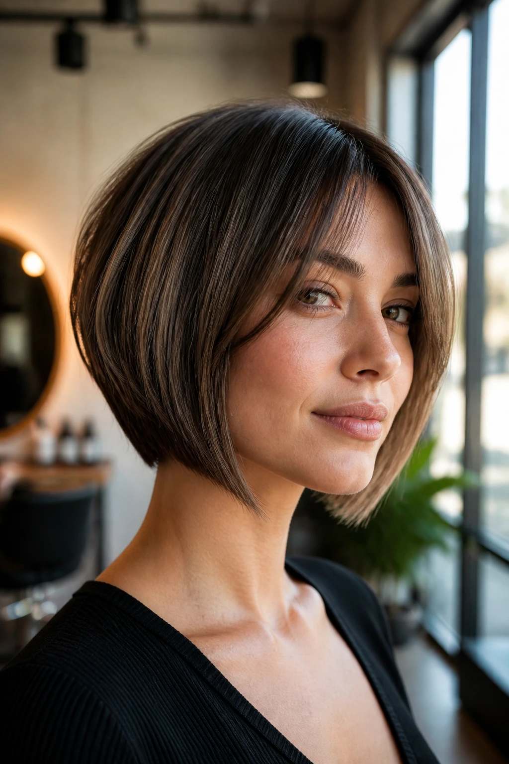 Close-up portrait of a woman with a classic A-line angled bob and curtain bangs.