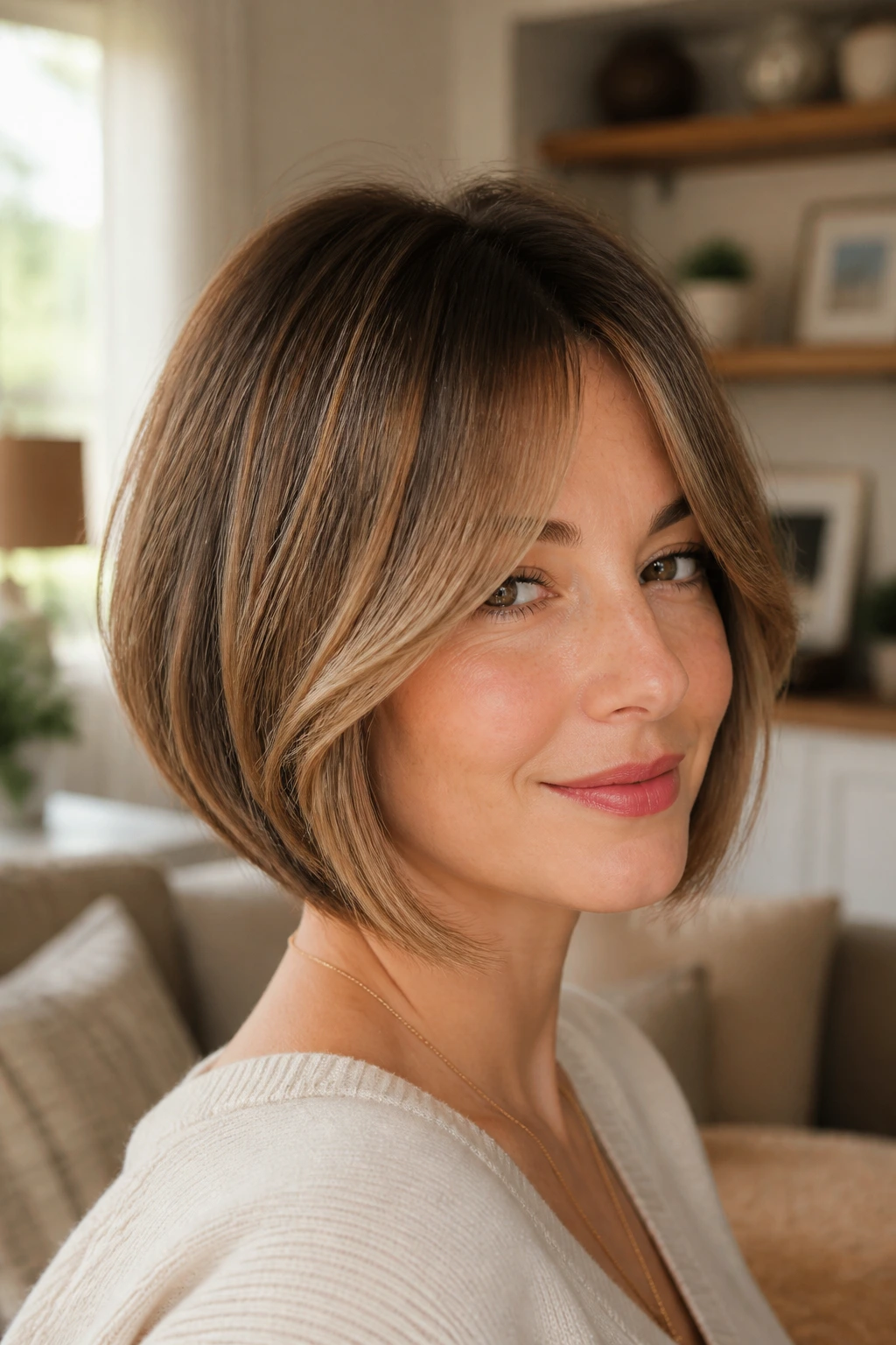 Close-up portrait of a real woman with curtain bangs and angled bob