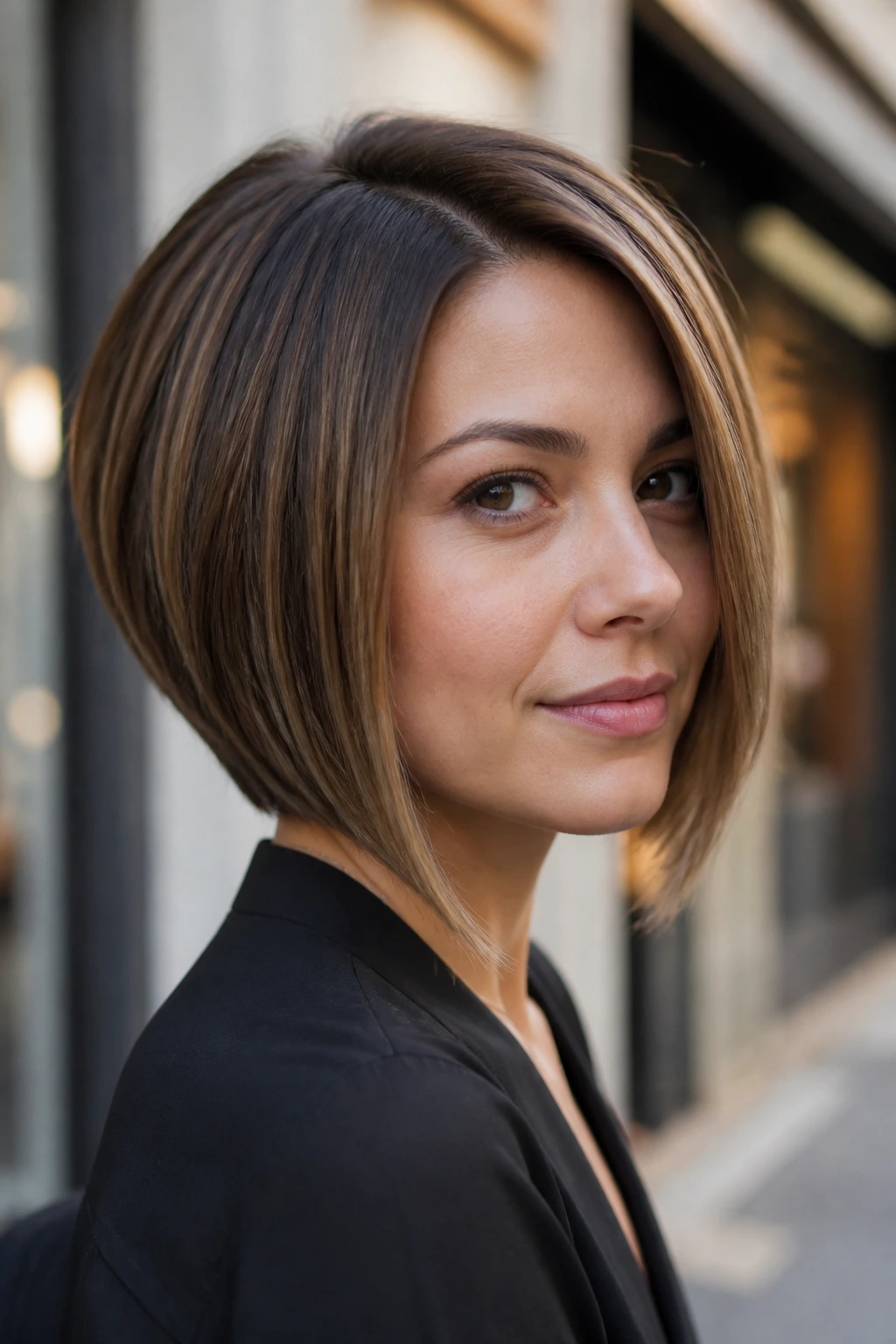Portrait of a woman with angled A-line bob against city street backdrop