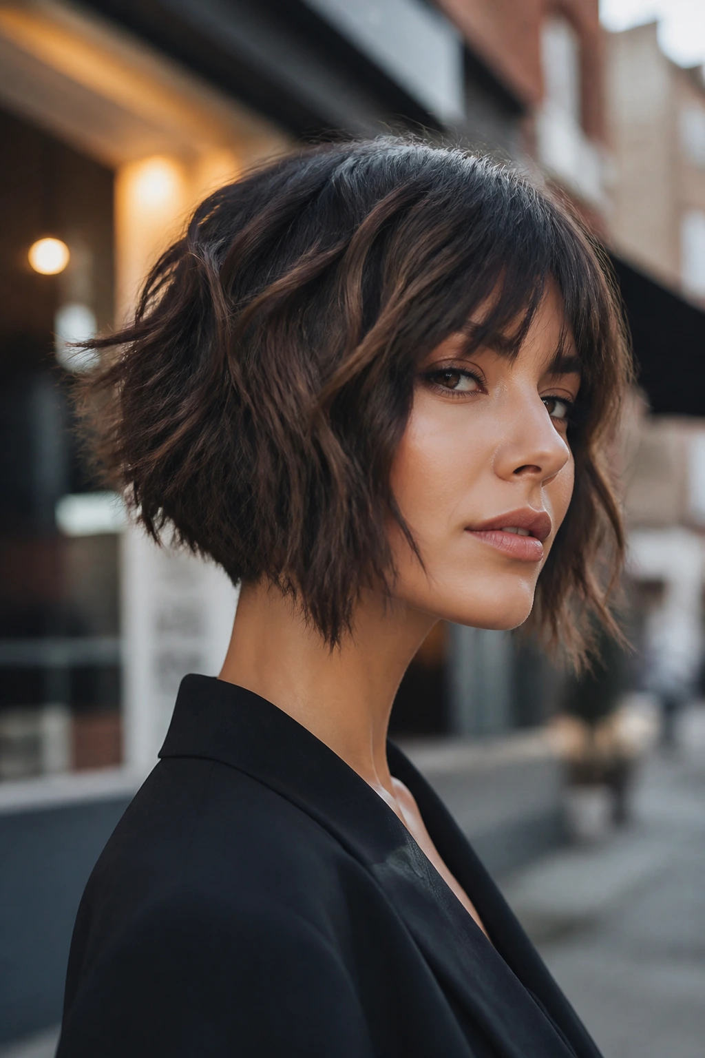 Close-up portrait of a real woman with a choppy angled bob and jagged ends