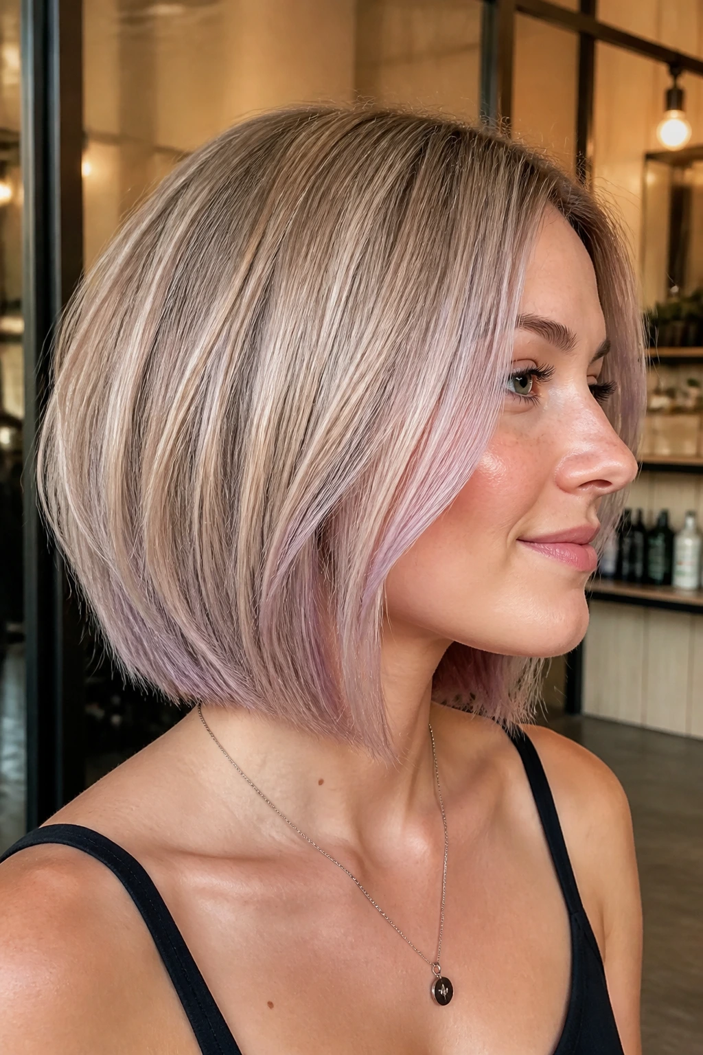 Close-up of a real woman with angled blonde bob showing pastel undertones peeking through.