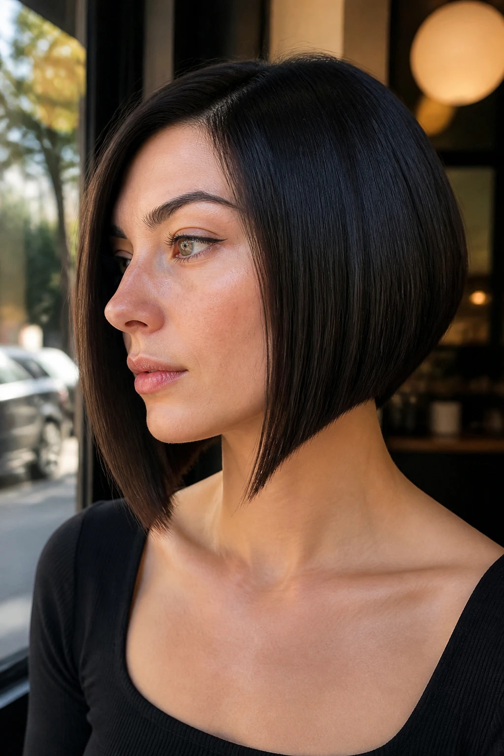 Portrait of a woman with an angled bob in cafe window light