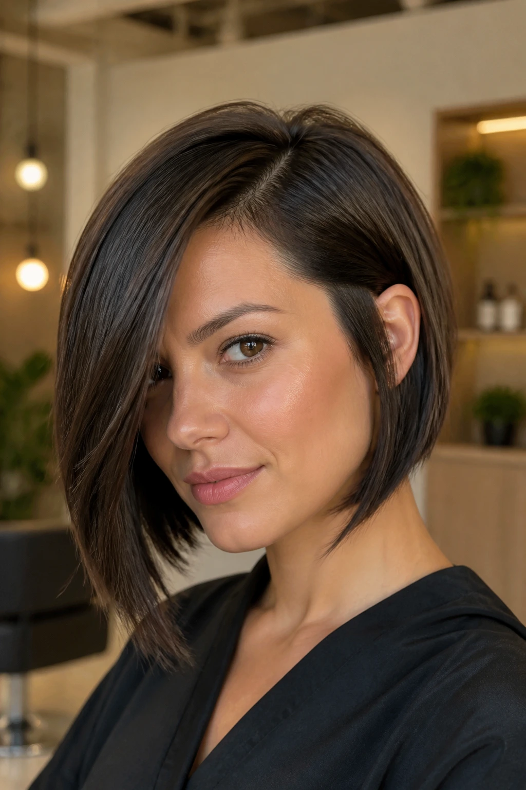 Close-up of a real woman with a deep side part and angled inverted bob