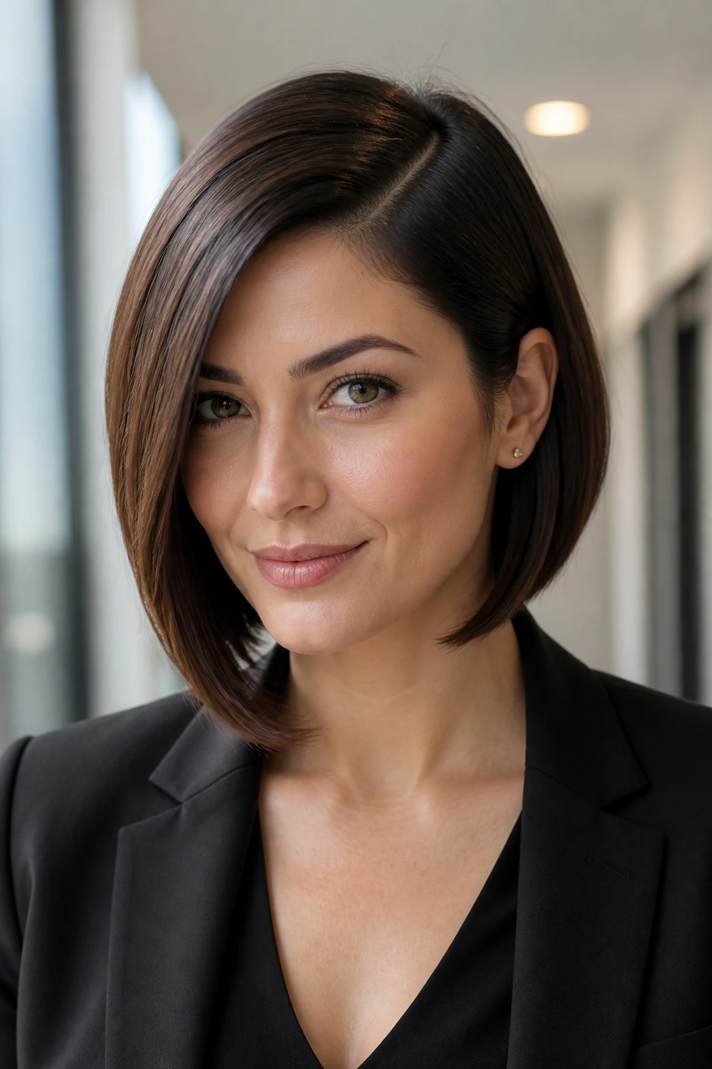 Close-up of a woman with an angled bob and deep side part in soft office lighting