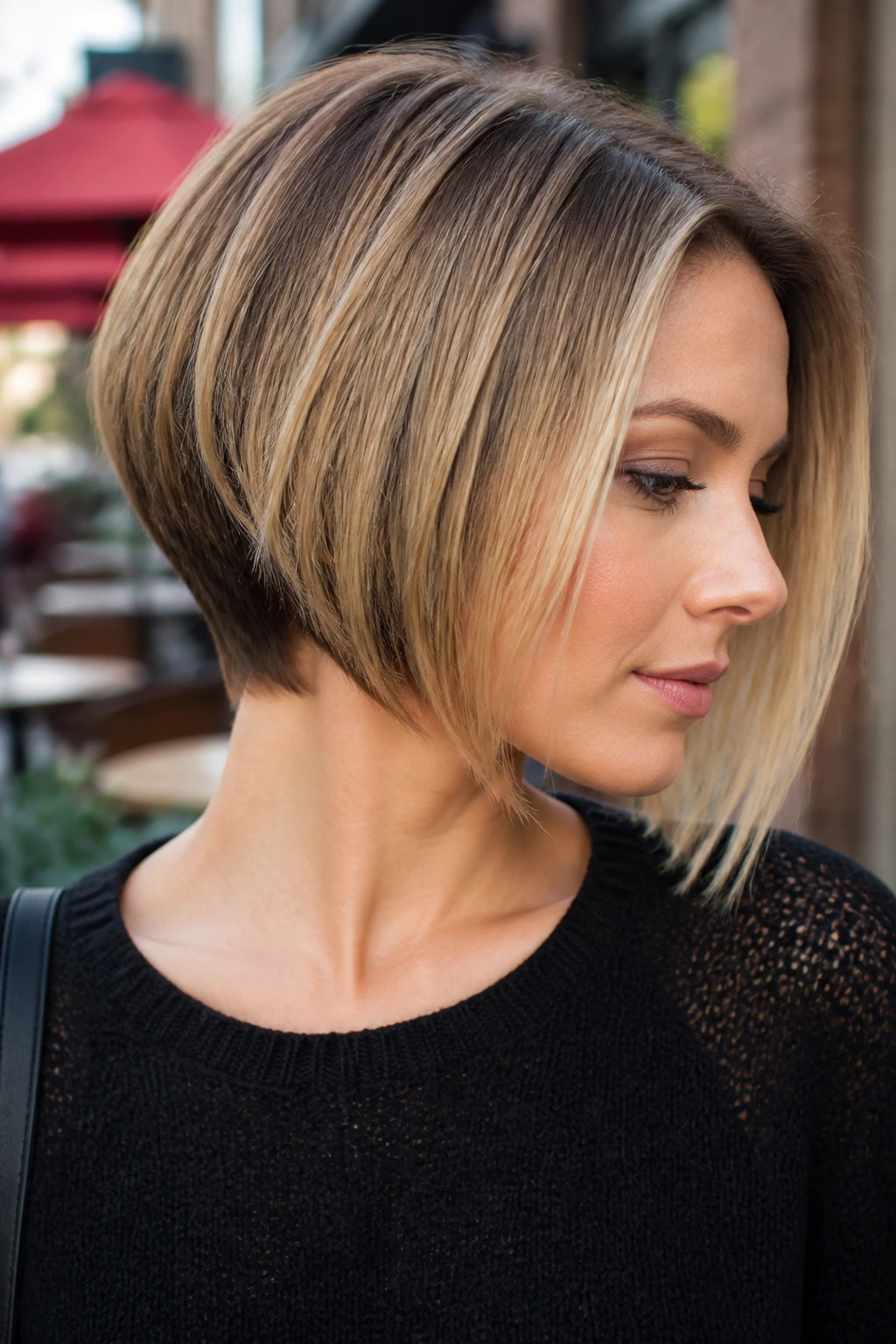 Portrait of a real woman with angled bob and tapered back showing shorter back and longer front.