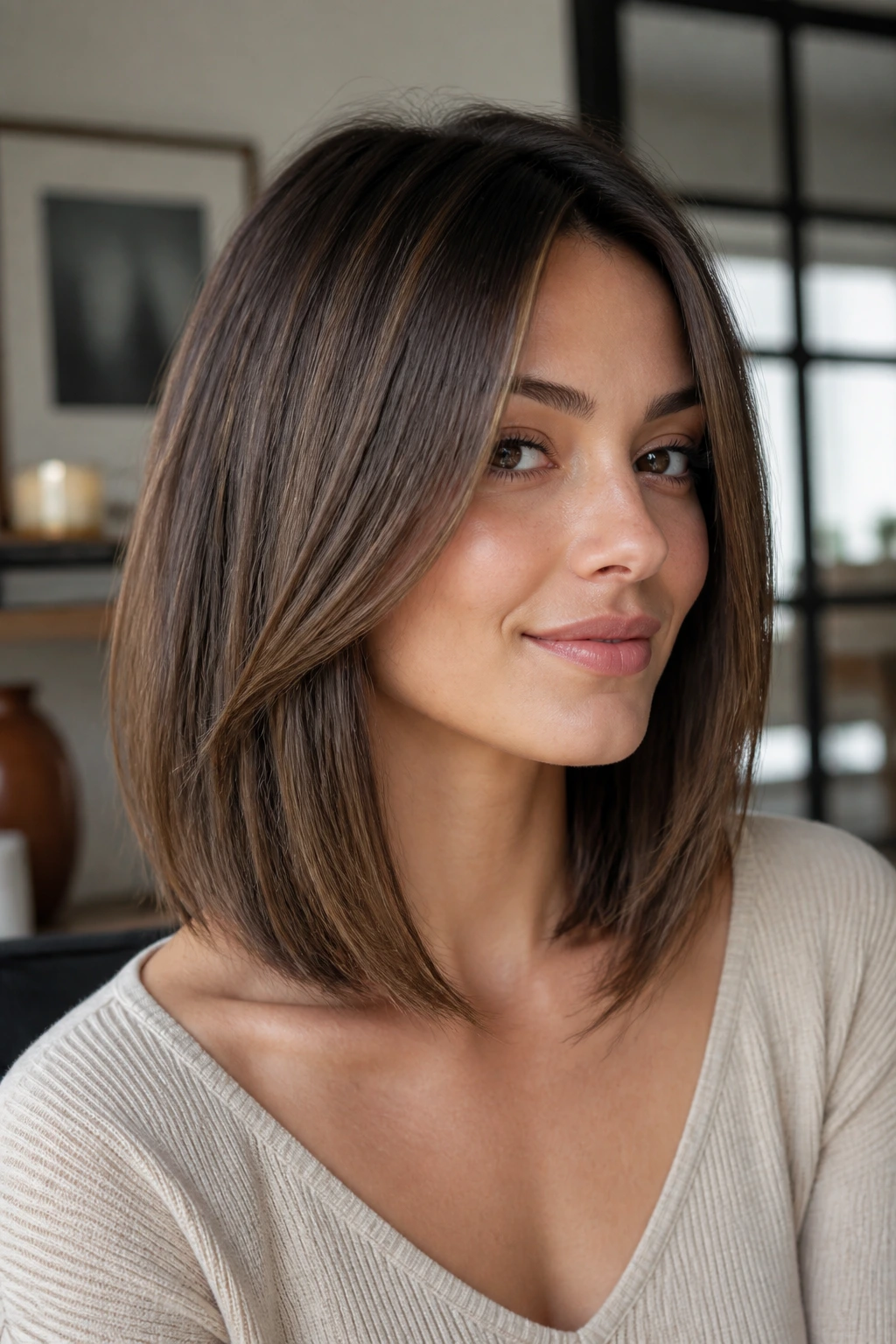 Close-up of a real woman with angled layered collarbone cut showing neck and collarbone
