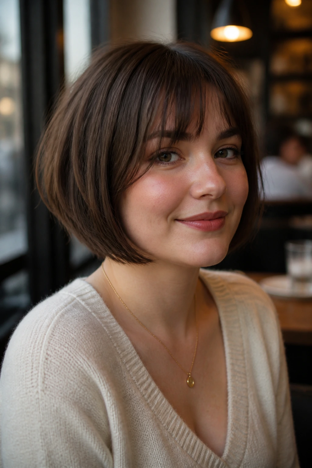 Close-up portrait of a real woman with an angled French bob and wispy fringe.