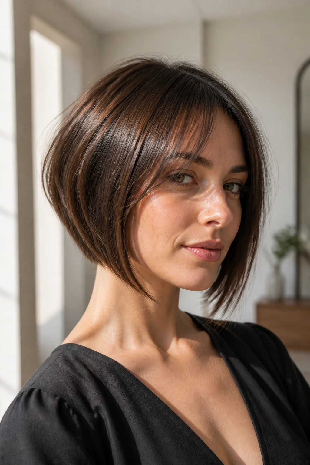 Close-up of a real woman with an angled French bob Carré Plongeant