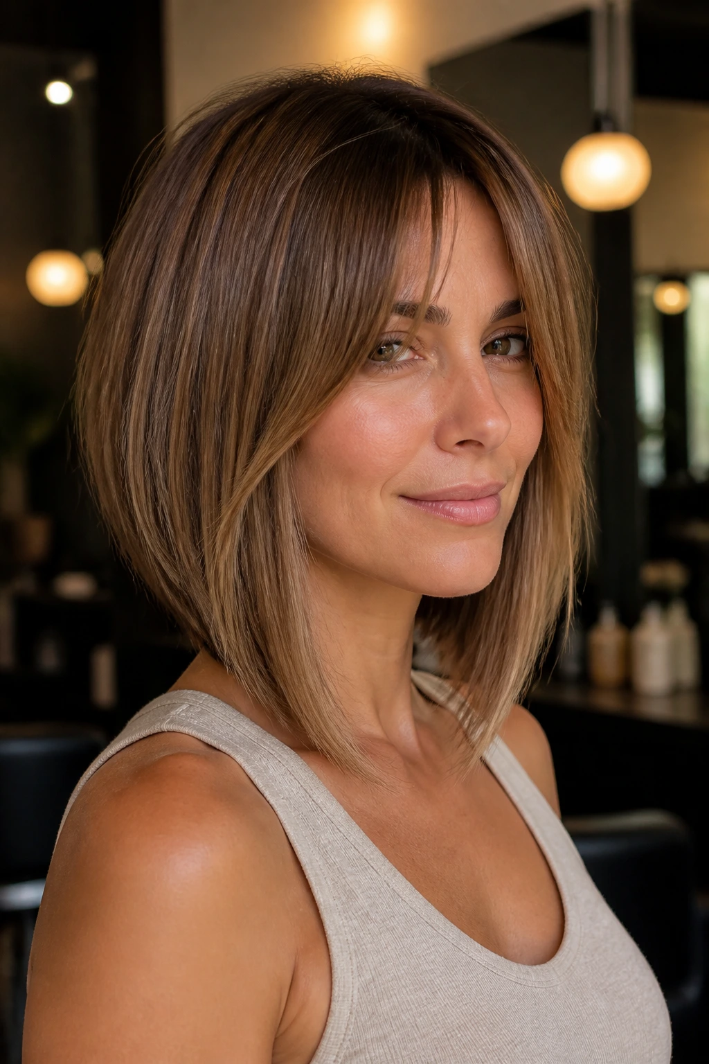 Portrait of a real person with angled lob and face-framing bangs in a warm salon