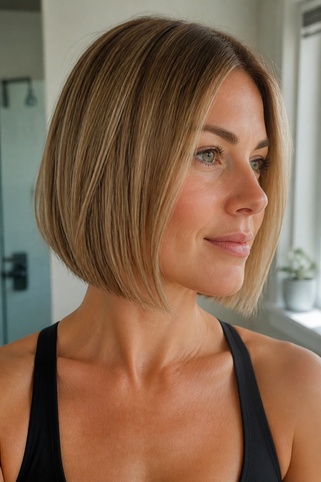 Close-up of a real woman with a crisp, angled lob and sharp hairline