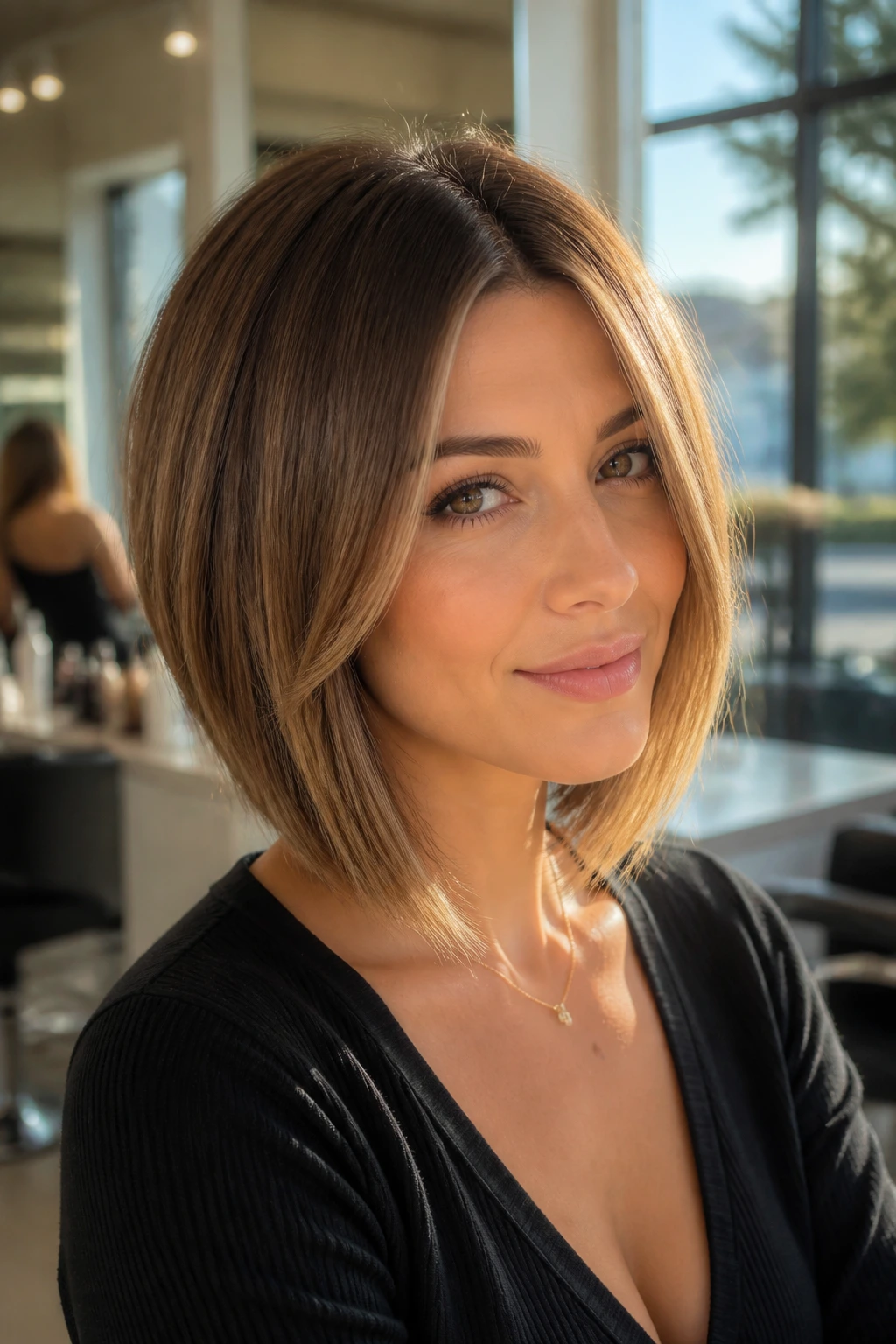 Close-up of a woman with angled lob face-framing layers in warm salon light