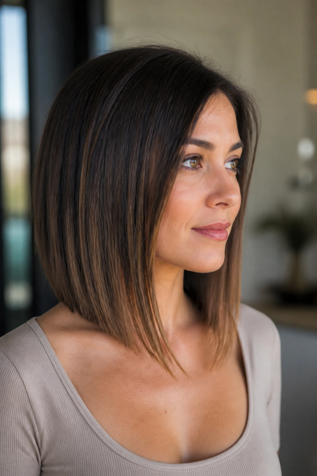 Real person with angled shoulder-length lob showing forward-sloped cut.