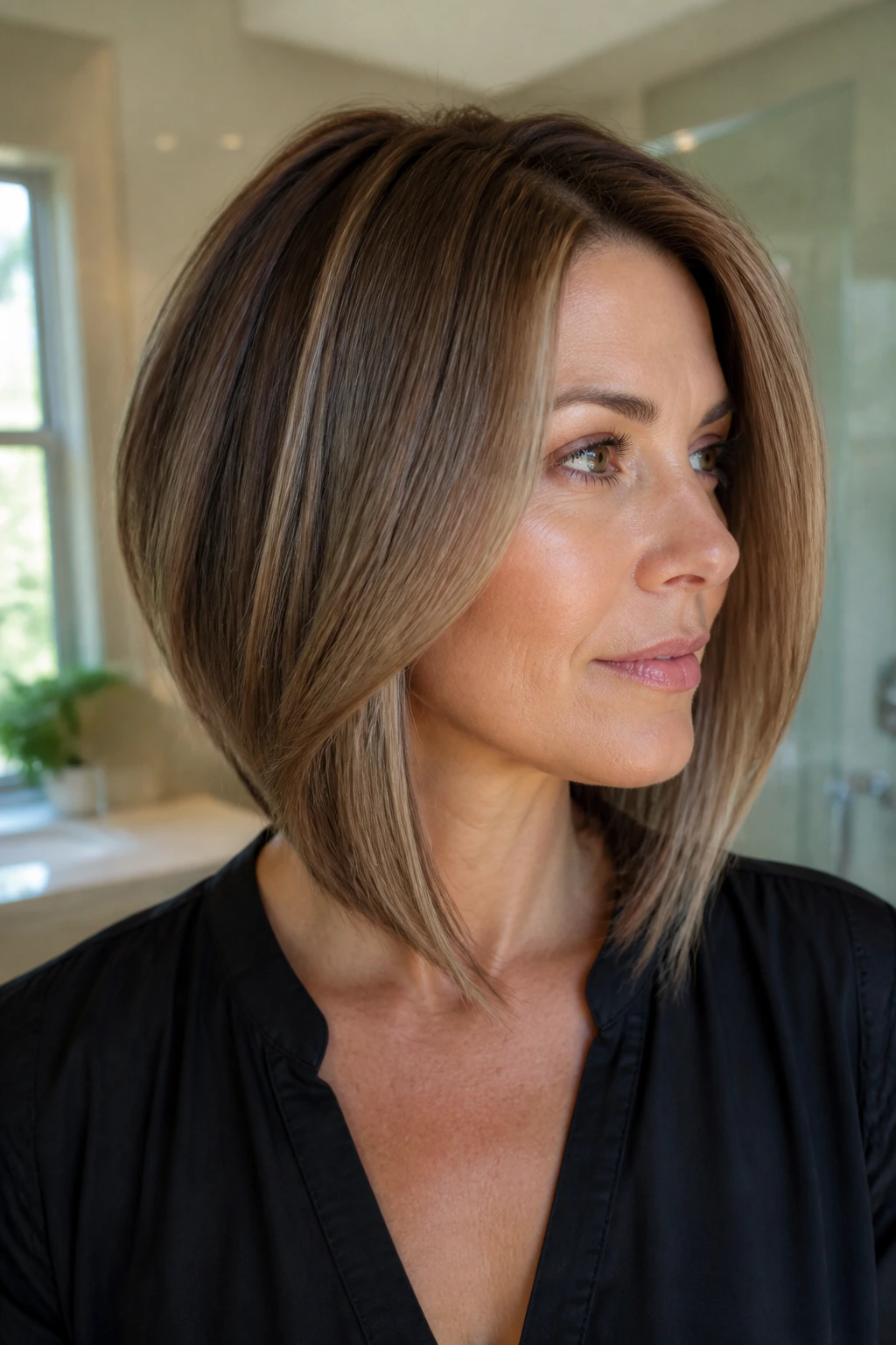 Close-up portrait of a real woman showing an angled lob with interior layers, soft window light