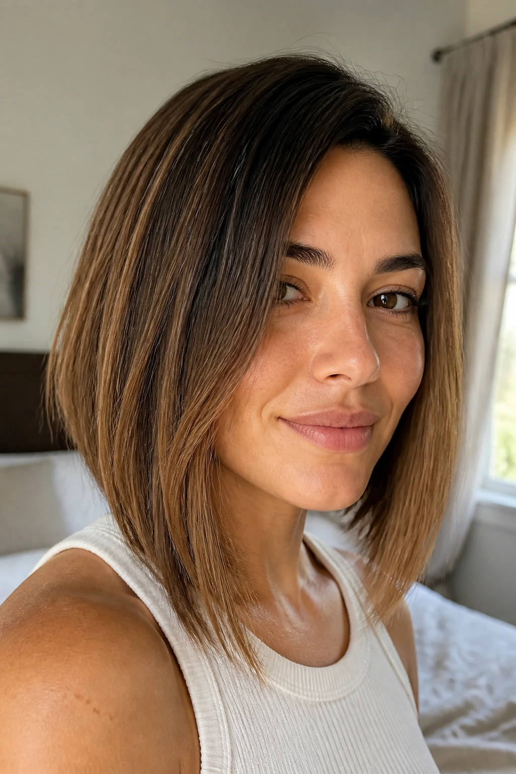 Close-up portrait of a real woman with a natural-finish angled lob