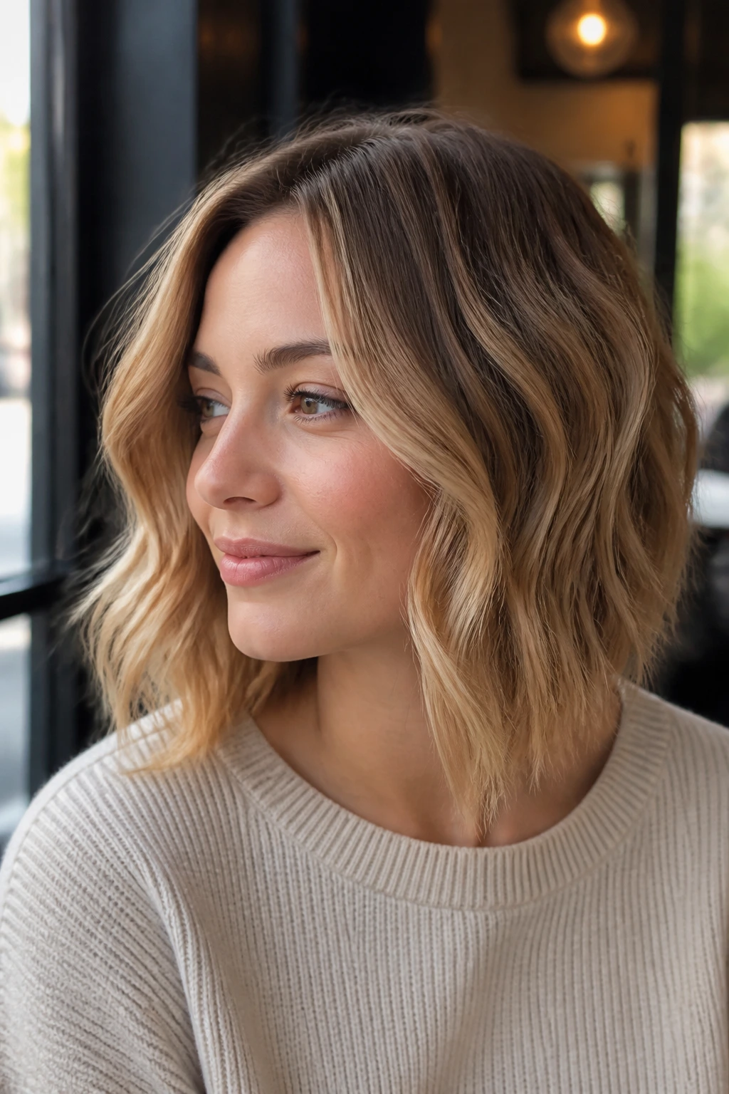 Close-up of a real woman with angled lob and butterscotch waves