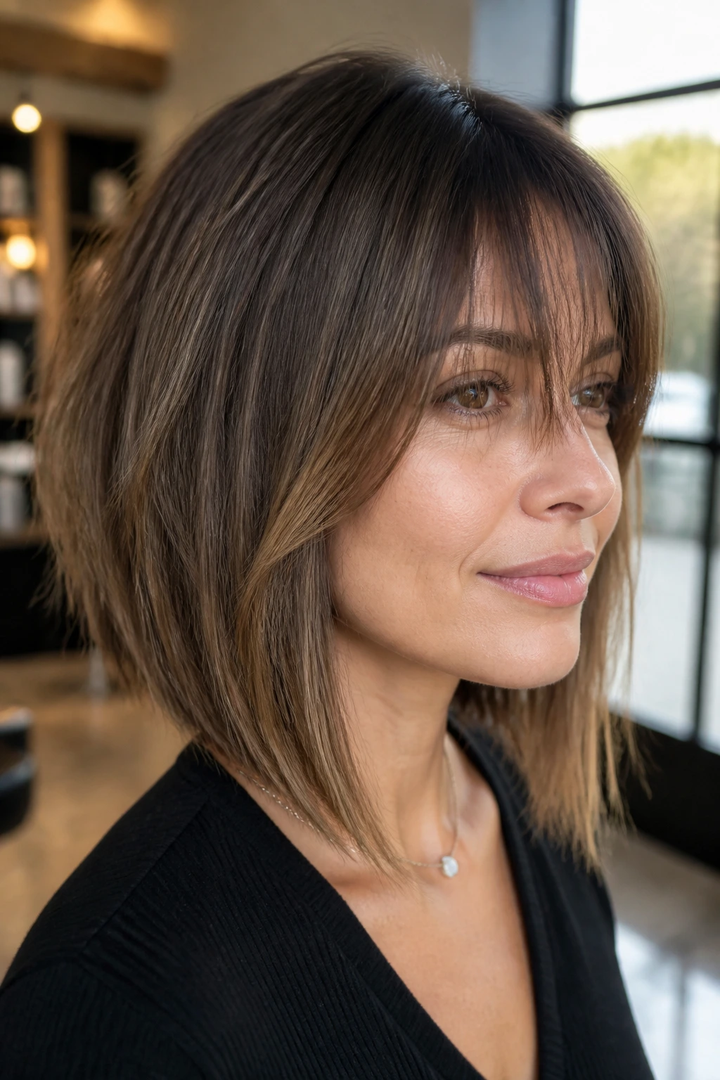 Close-up of a real woman with angled lob and wispy fringe in warm salon light