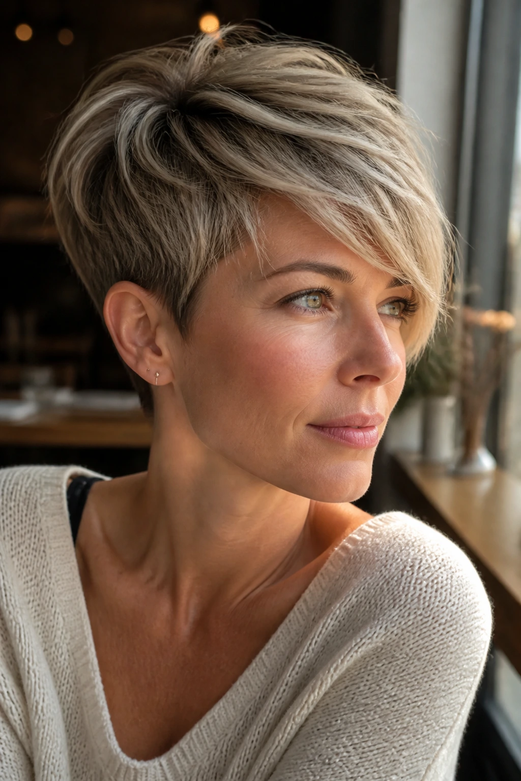 Close-up portrait of a woman with angled pixie and long layers, side-swept top