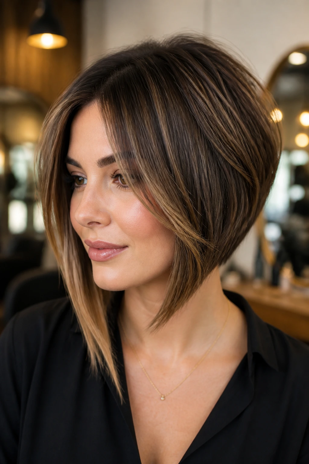Real woman with angled stacked bob and face-framing layers