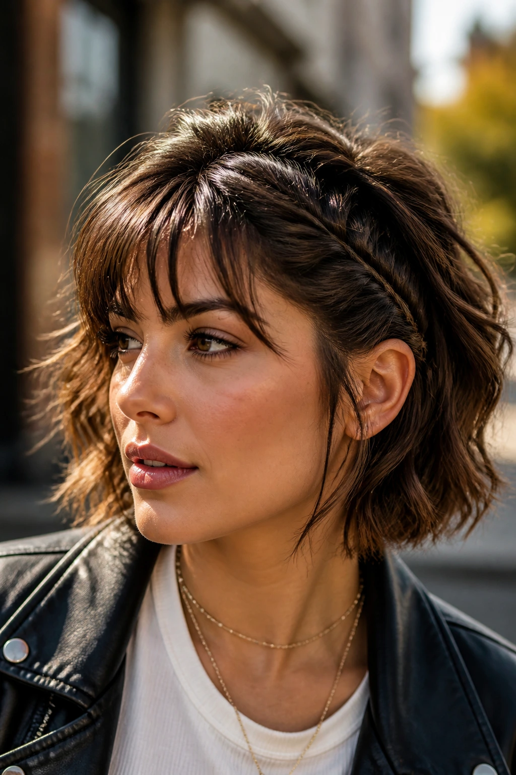 Three-quarter view of a real woman with an angled temple-to-crown French braid
