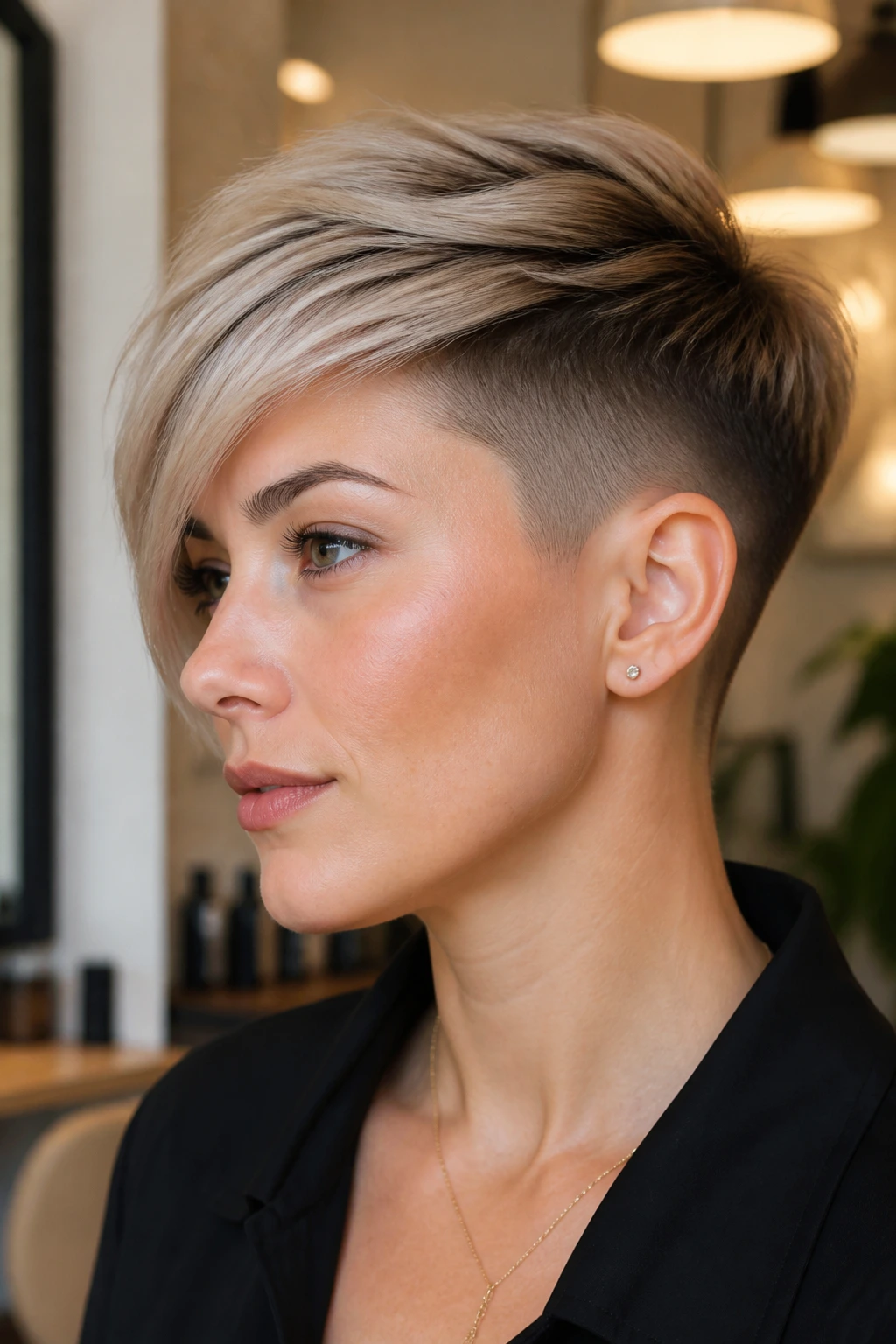 Portrait of woman with angled undercut pixie hairstyle
