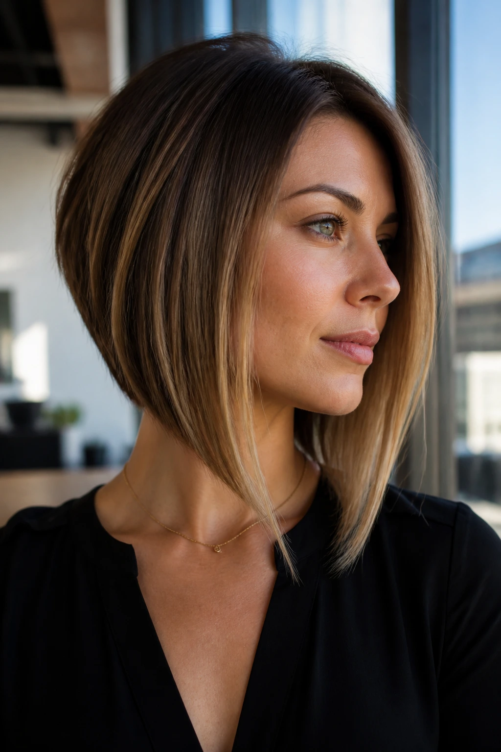 Close-up of a real woman with an angled A-line lob showing shorter back and longer front.