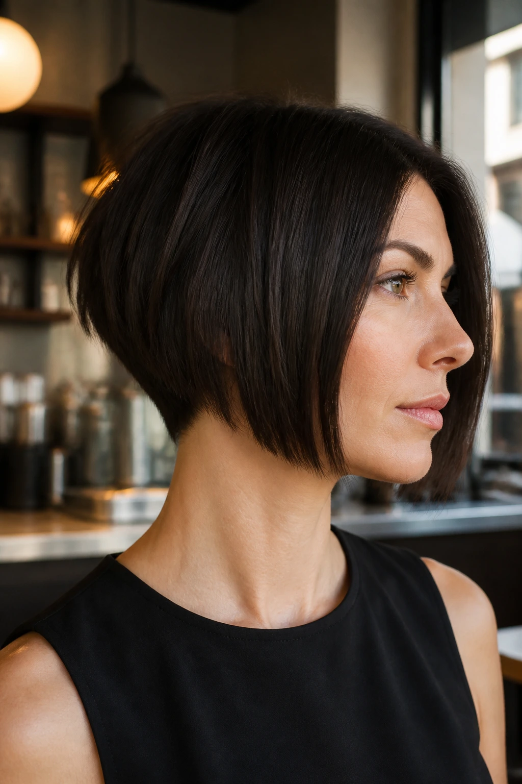 Close-up portrait of a real person with angular A-line crop and blunt edges